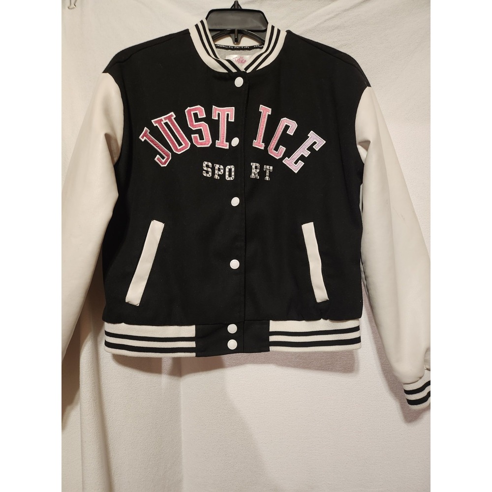 Justice~Smiley Face Emoji~Varsity Jacket~ Black White & Pink~Size Large 12 /14
